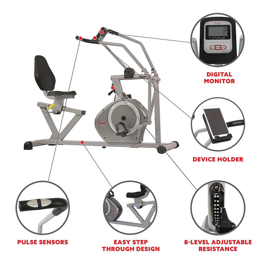 Sunny Bicicleta Recumbente Magnetica con Brazos aguanta 350 Lb SF-RB4708