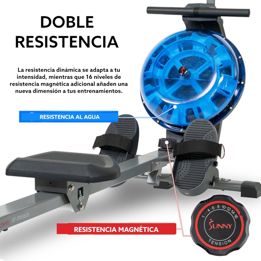 Sunny Health & Fitness Maquina de Remo de Agua Magnetica Hydro + Dual Resistance Rowe SF-RW5809