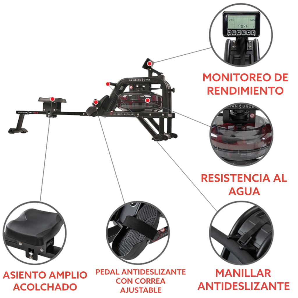 Sunny Health & Fitness Remadora Profesional de Agua con Monito Obsidian Surge SF-RW5713