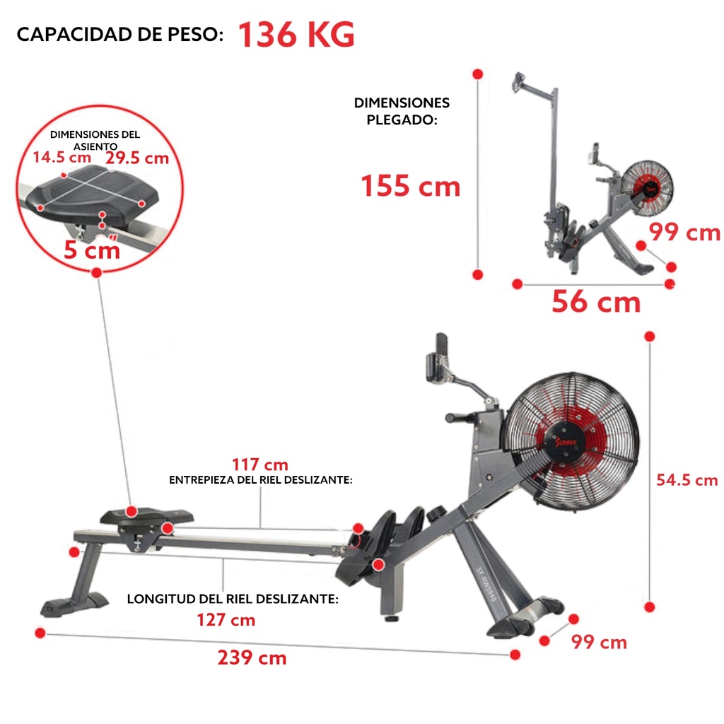 Sunny Health &amp; Fitness Maquina de Remo Resistencia al Aire SF-RW5940