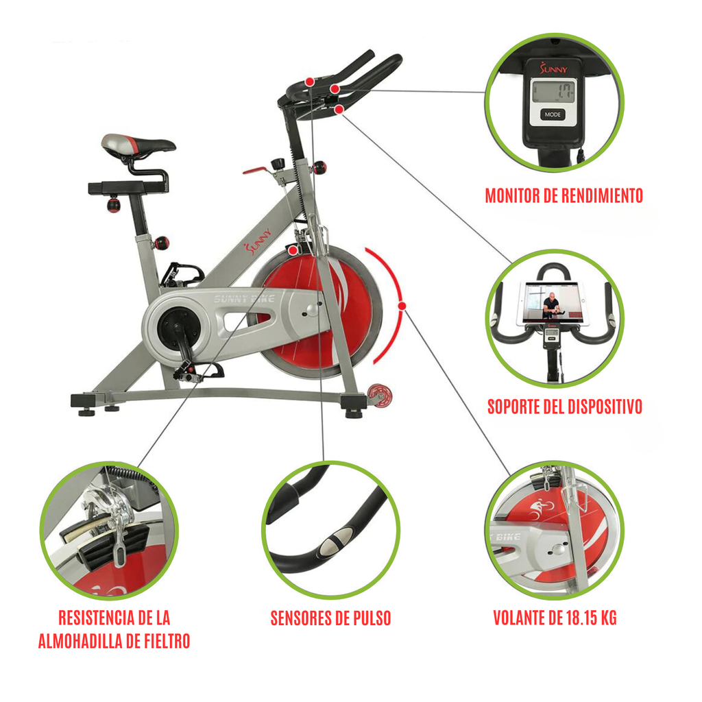 Sunny Health & Fitness Fitness Pro II Bicicleta Interior de Ciclismo con Transmisión de Correa  SF-B1995