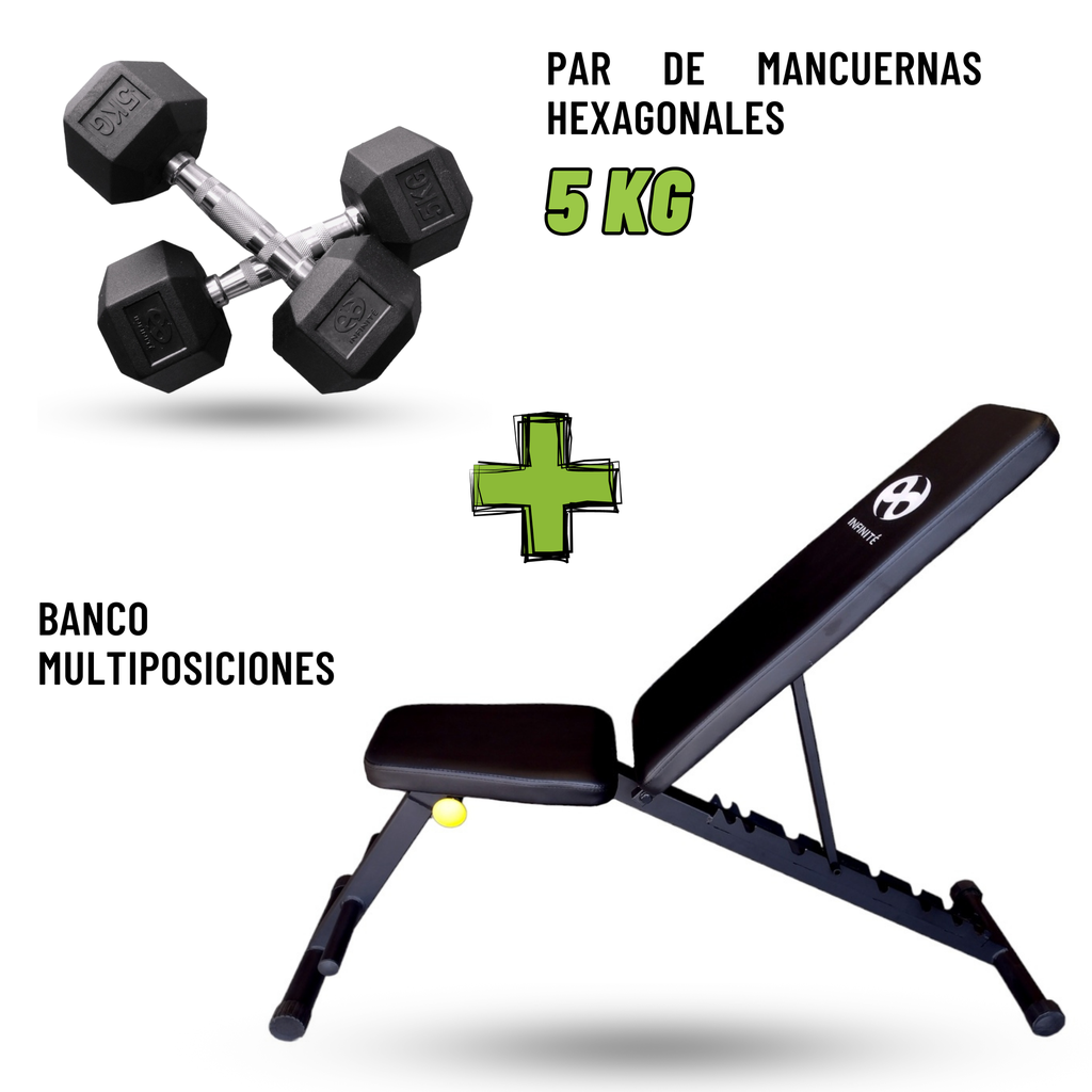 Infinité Banco Multiposiciones (IF-FID) + Par de Mancuernas Hexagonal 5 Kg (IF-HK5) / IF-PAQB1